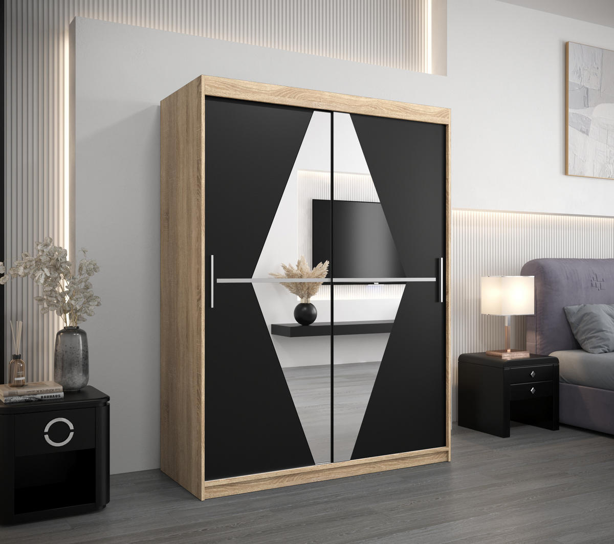 SCHWEBETÜRENSCHRANK 200/150/62 2-türig - Silberfarben/Schwarz, Holz/Kunststoff (150/200/62cm) - Abiks Möbel