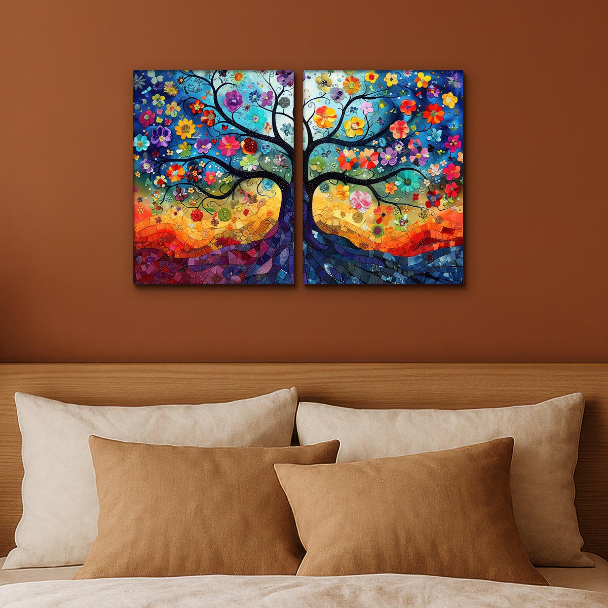 LEINWANDBILD 2er Set Bunt - Baum des Lebens - Blumen - Abstrakt 60x40 cm - Blau, Textil (60/40cm) - MuchoWow