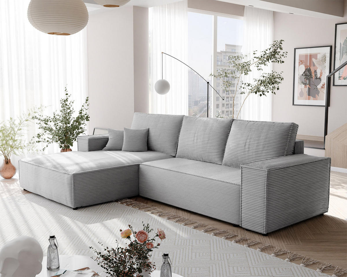 ECKSOFA NOVA mit Schlaffunktion und Bettkasten Hellgrau - Hellgrau, Holzwerkstoff/Kunststoff (250/90cm) - Idohome