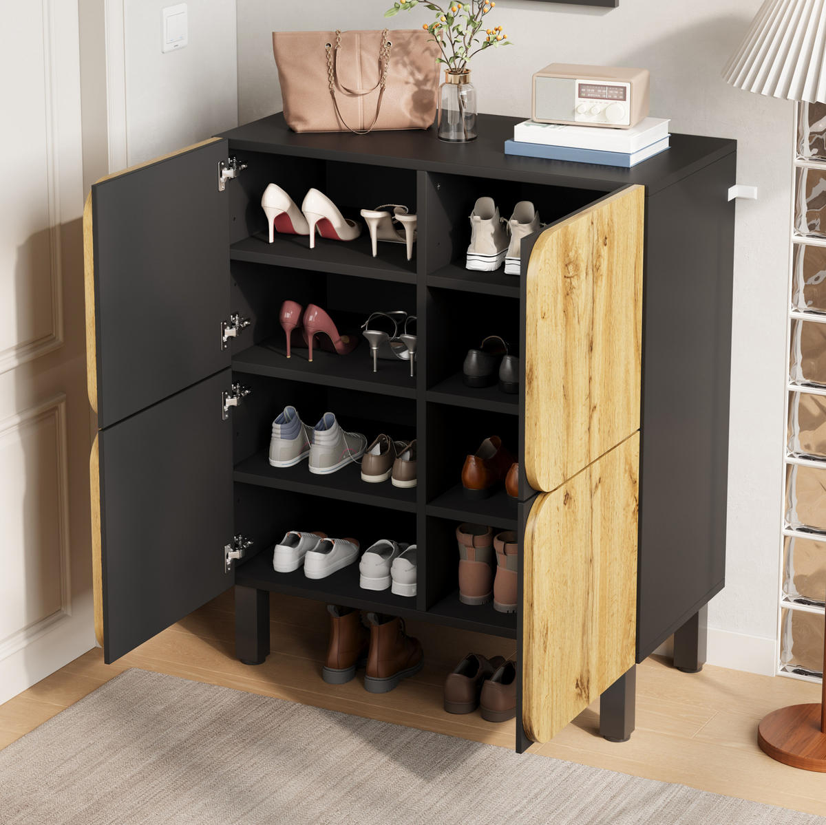 SCHUHSCHRANK mit 4 Türen 80 x 38,5 x 95 cm MDF Black/Natural - Braun, Holz (38.5/95/80cm) - Beauniv