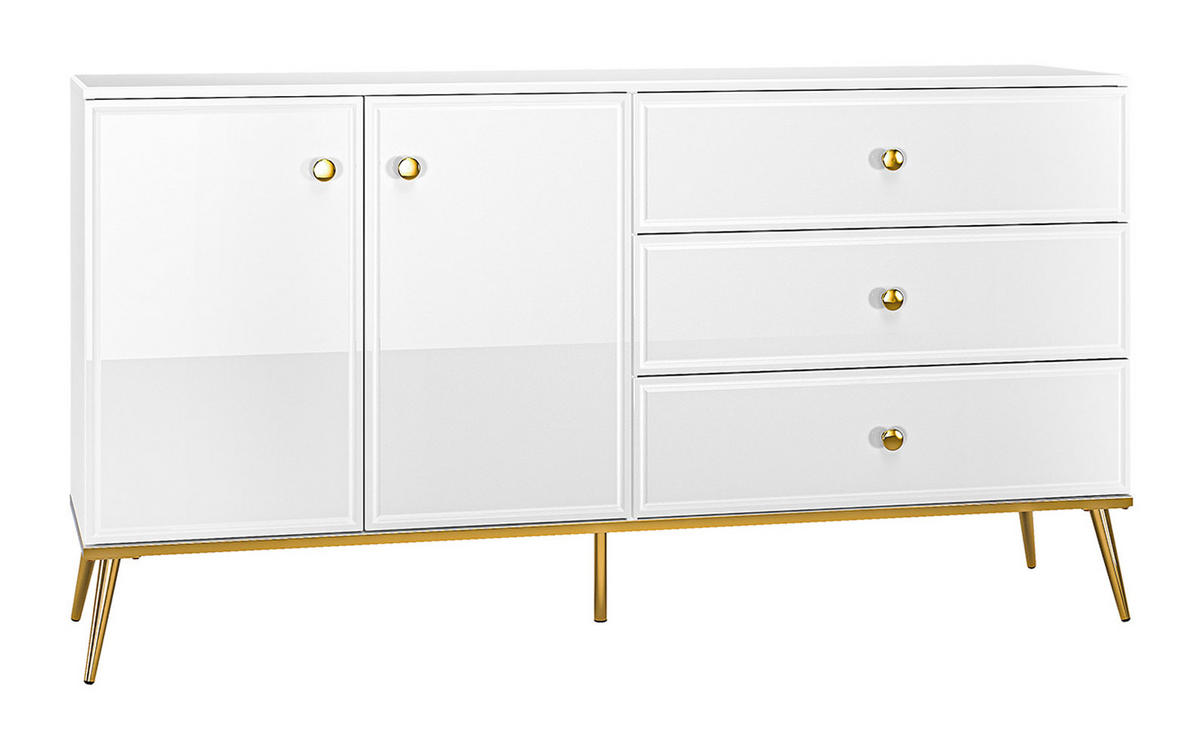 SIDEBOARD Goldin weiß / weiß hochglanz / gold 160 / 40 / 85cm - Weiß Hochglanz/Weiß, Holz/Holzwerkstoff (160/85/40cm) - Feldmann-Wohnen