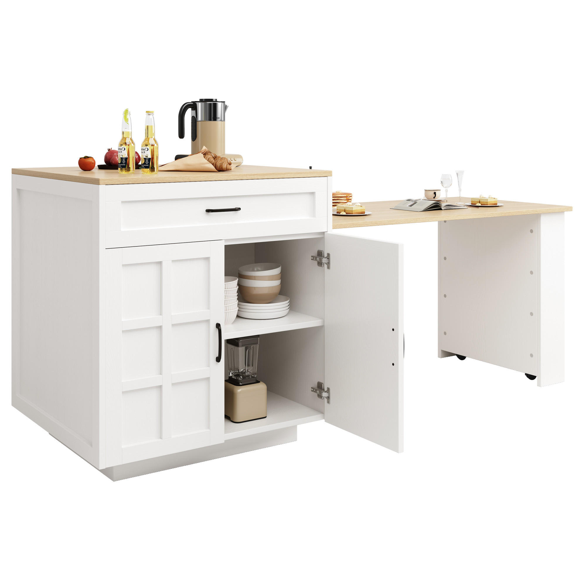 AUSZIEHBARER Bartisch aus MDF mit Stauraum, 133-202/70/93,5 cm, Weiß - Weiß, Holzwerkstoff (70/93.5/133cm) - Redom