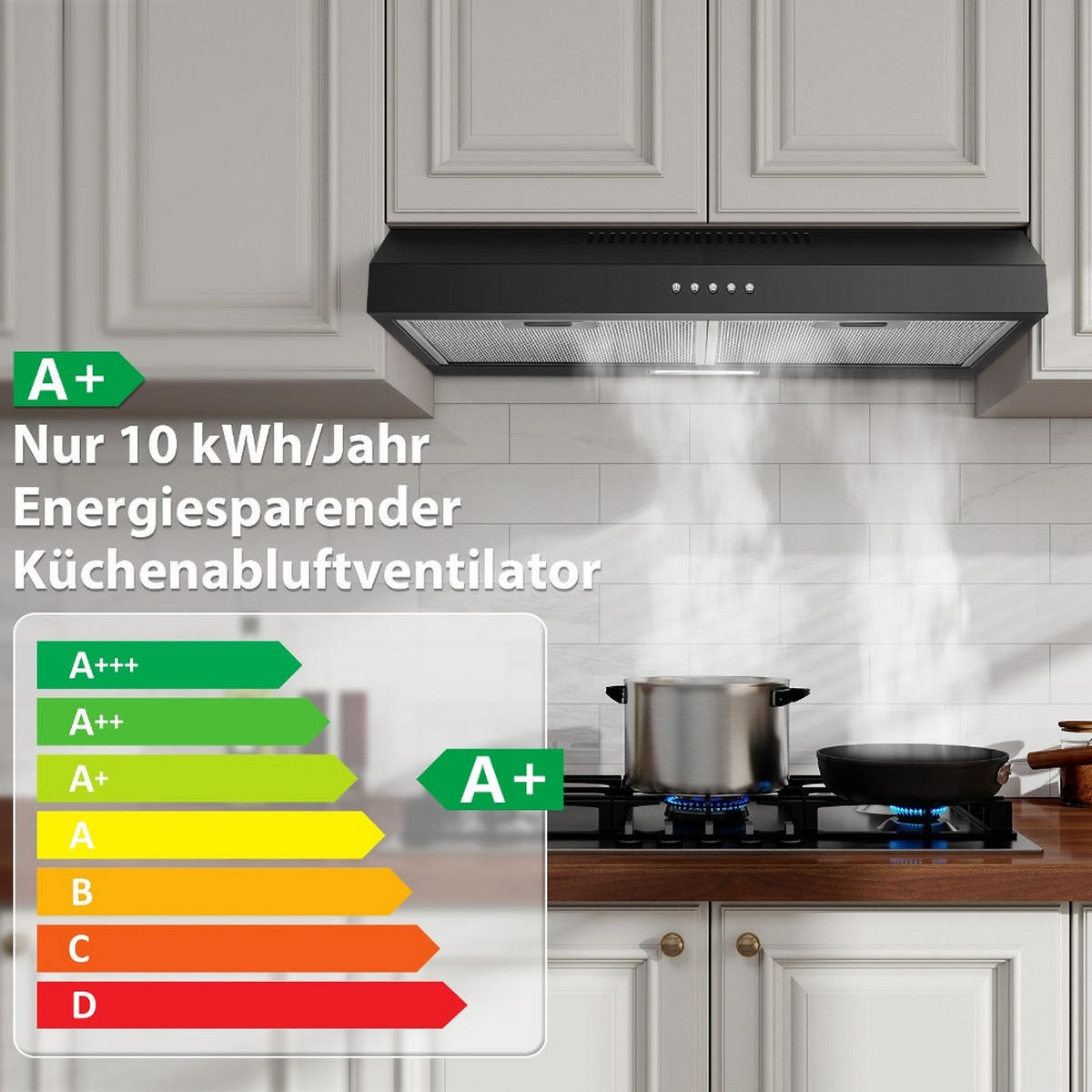 DUNSTABZUGSHAUBE Unterbau, ENERGIEEFFIZIENZKLASSE A+, 250 M³/h, Mit LED Beleuchtung, Edelstahl, Für Küchen, 60 Cm - Schwarz, Metall (14.02/49.02/64cm) - Rolipo