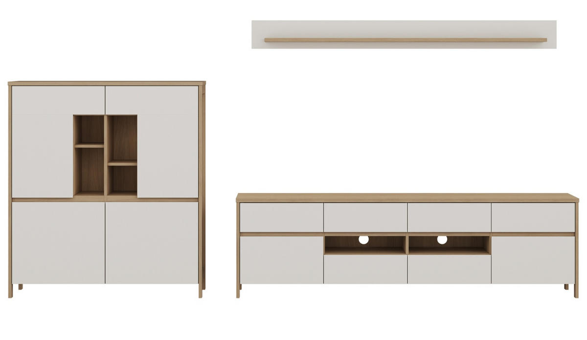 WOHNWAND weiß und Eiche Wohnkombination skandinavisch 3-teilig 319 cm, Soft-Close, Finnes - Eichefarben/Weiß, Glas/Holzwerkstoff (319/170/39cm) - Furn.Design