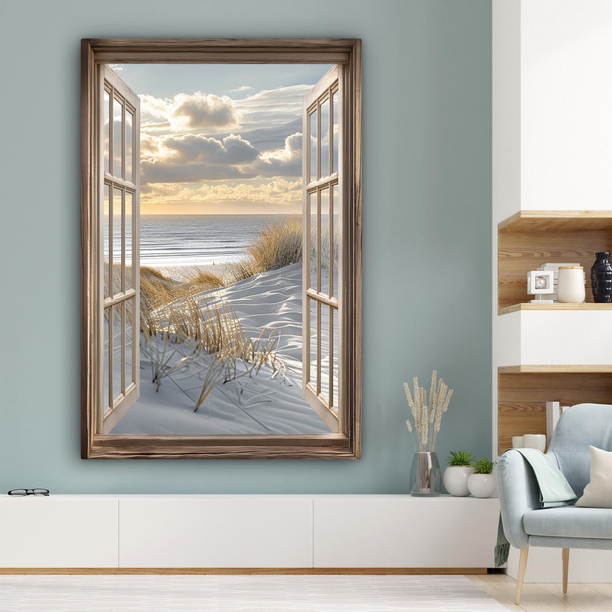 LEINWANDBILD Ausblick - Strand - Dünen - Meer - Natur Deko Groß 90x140 cm - Sandfarben, Textil (90/140cm) - MuchoWow