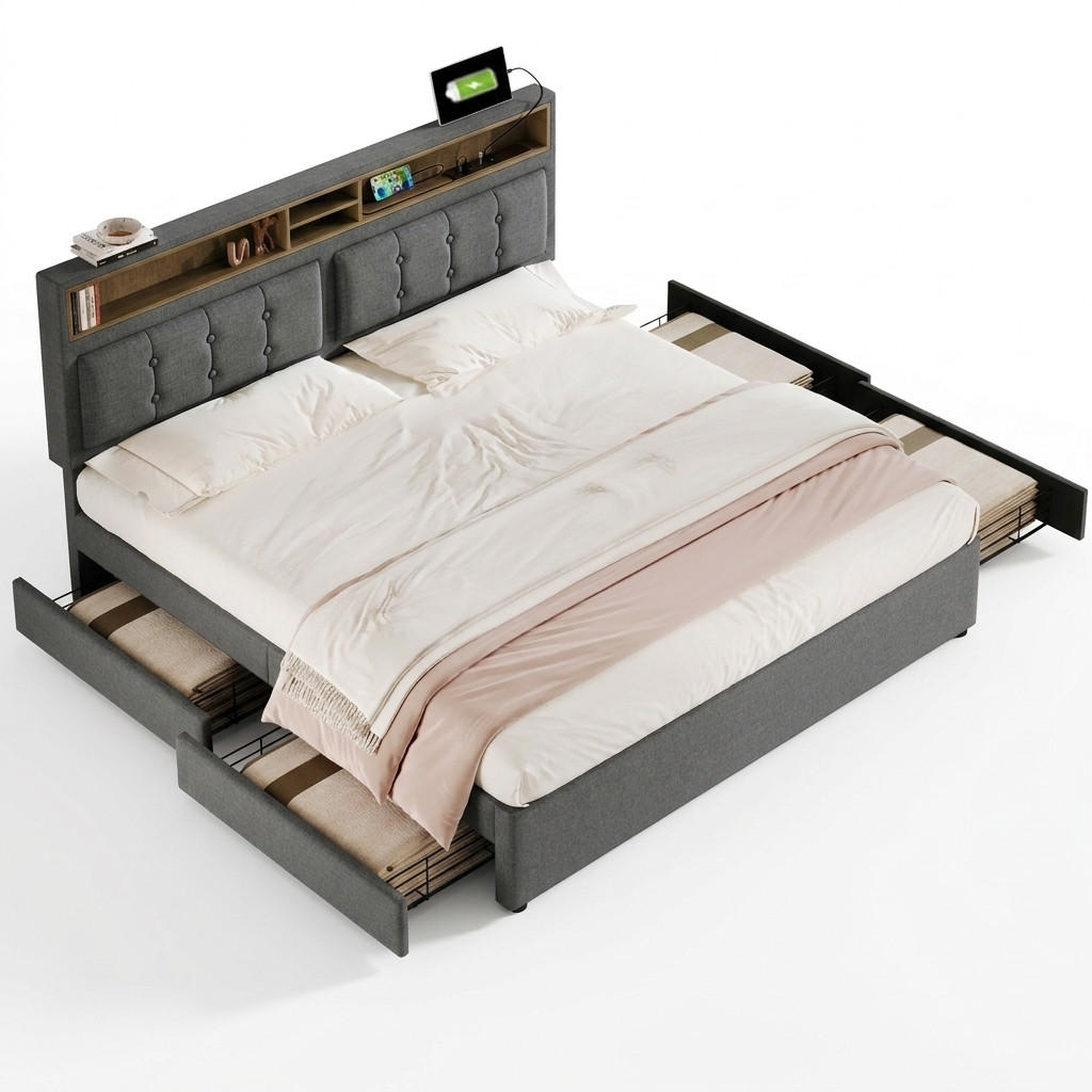 POLSTERBETT 140/200 mit Bettkasten, LED und USB,mit Schubladen - Grau, Holzwerkstoff/Textil (140/200cm) - EVRYAE