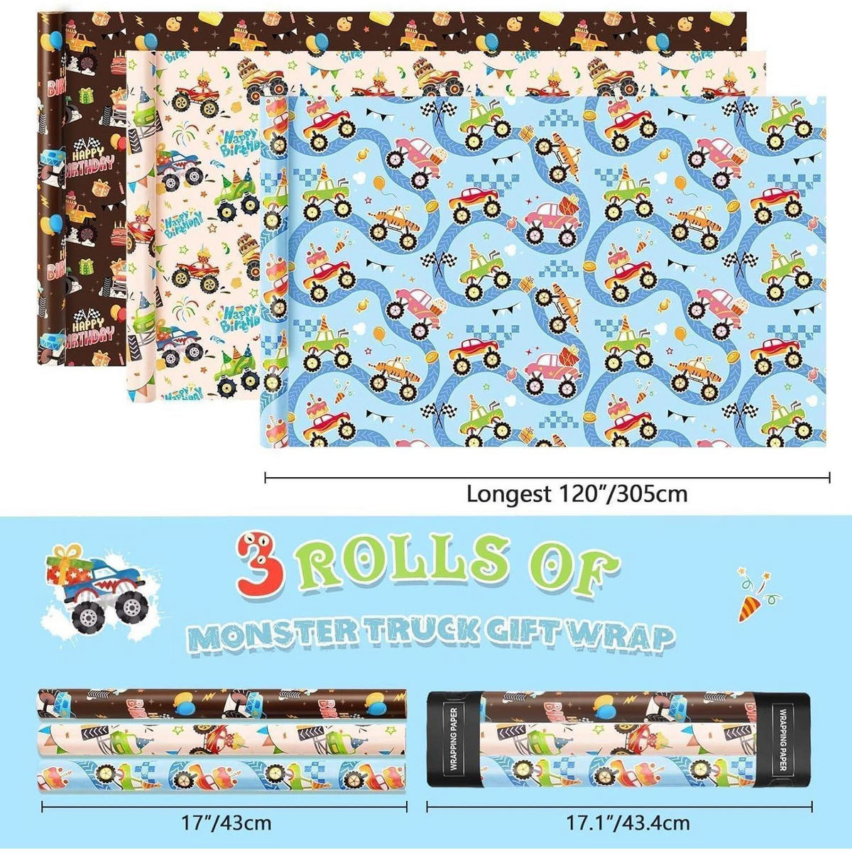 GESCHENKPAPIER 3 Rollen Monster Truck Motiv - Multicolor, Papier (43/43/43cm)
