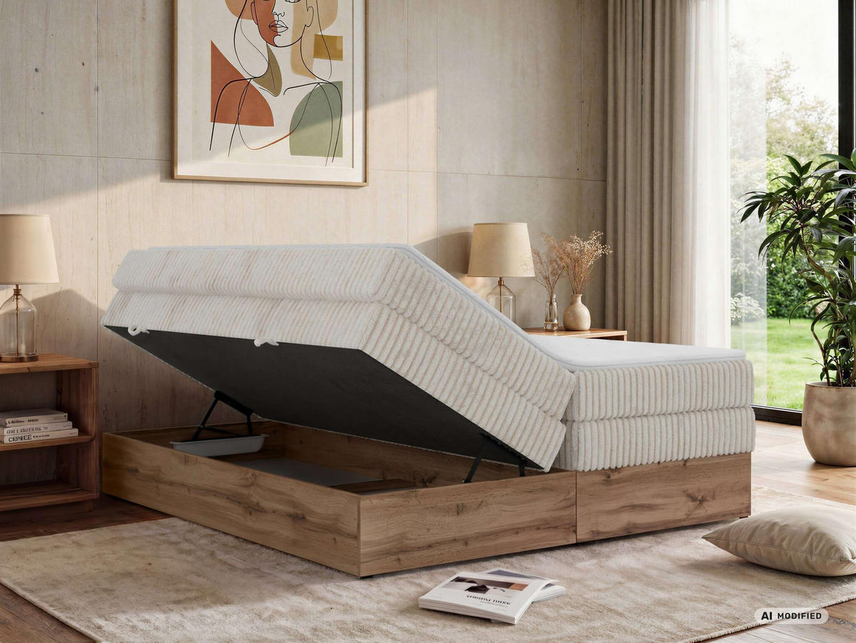 BOXSPRINGBETT WOOD ZERO KING 160/200 - Beige Cord - Topper Visco - H3 - Beige/Schwarz, Kunststoff/Textil (160/200cm) - MKS