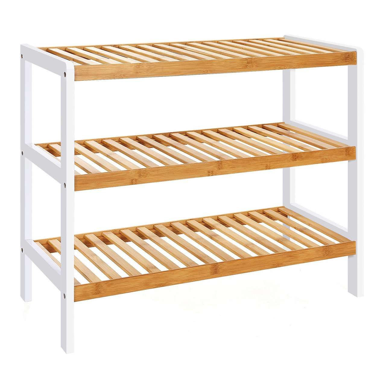 SCHUHREGAL Bambus Naturfarben Weiß 3 Ebenen 55x70x26 cm - Naturfarben/Weiß, Holz (70/55/26cm) - Begryf