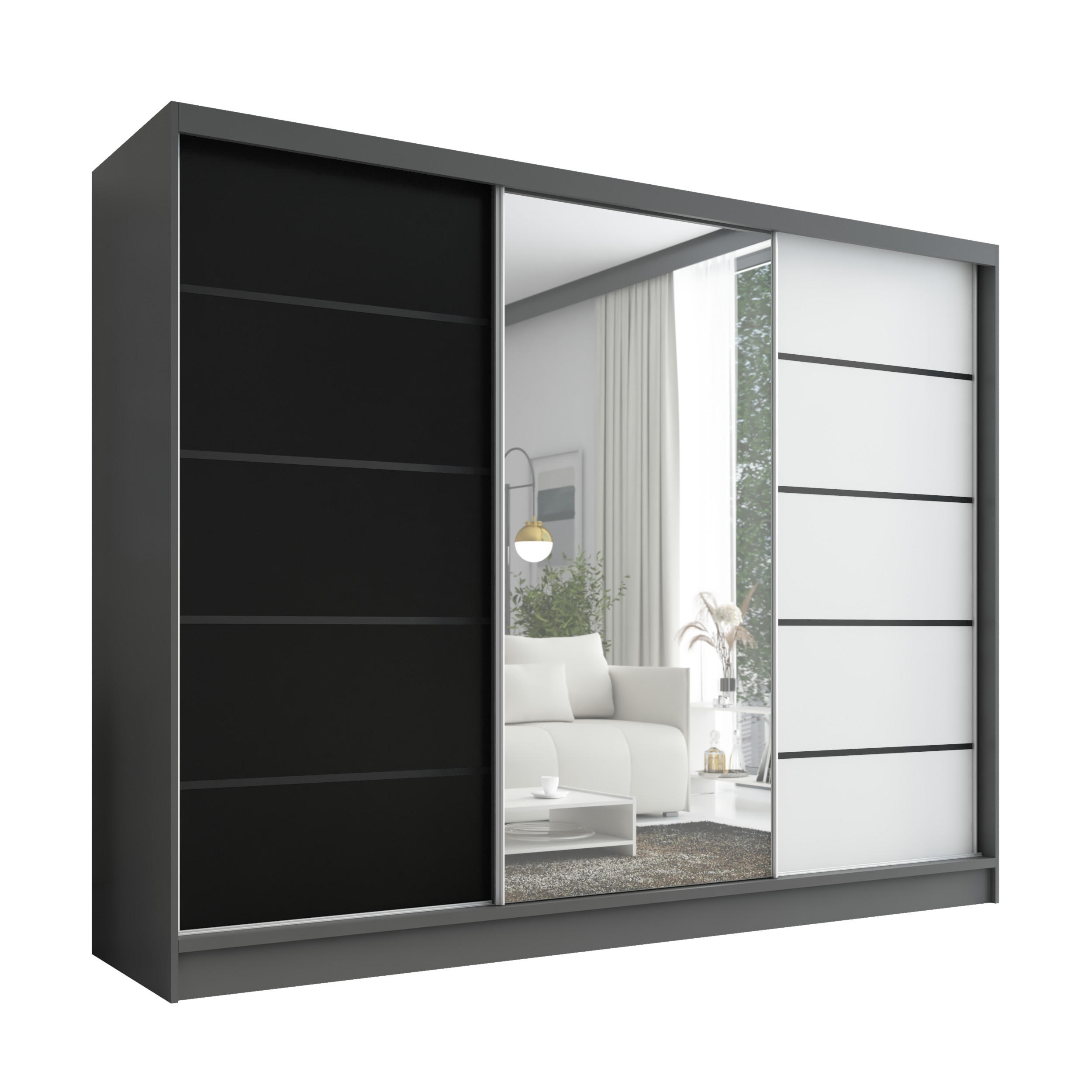 A&J MöbelLand Schwebetürenschrank Graphit, Schwarz, Weiß 200x215x60 cm