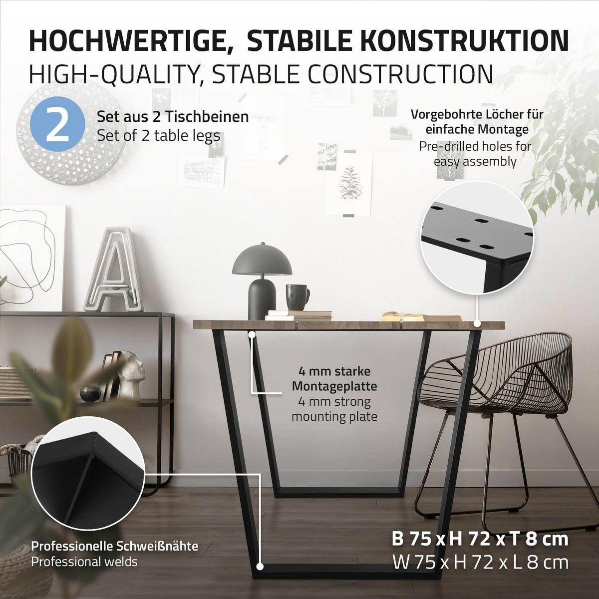TISCHBEINE 2er Set V-Form 75 x 72 cm Schwarz - Schwarz, Metall (75/8/72cm) - ML-DESIGN