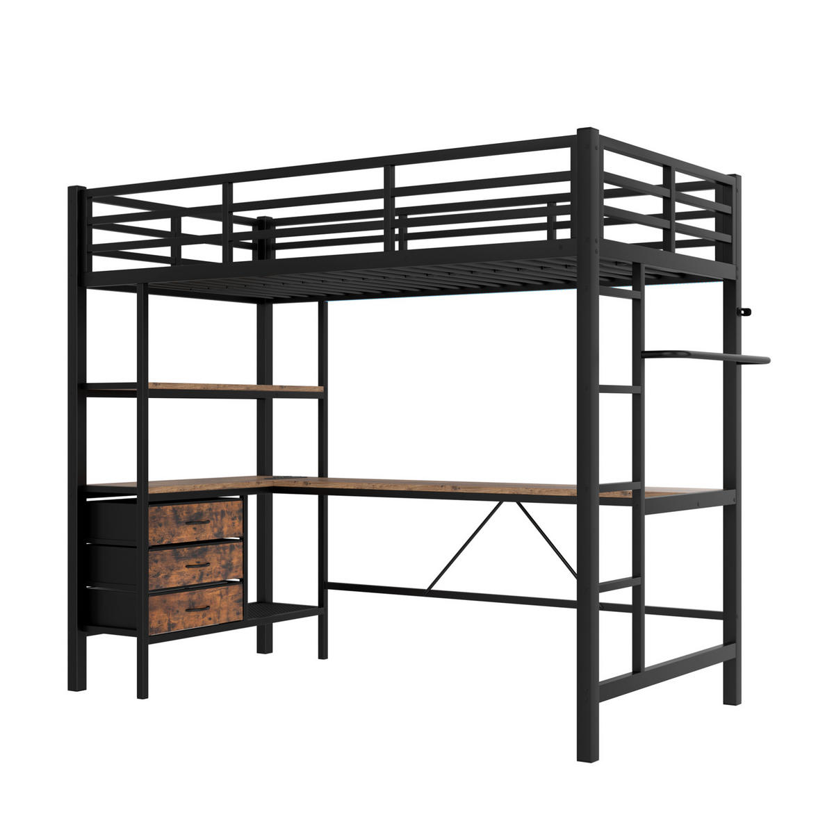 HOCHBETT 90/200 cm mit LED-Beleuchtung, Schreibtisch, USB, Steckdose, 3 Schubladen und Regal, Schwarz - Schwarz, Metall (90/200cm) - Redom