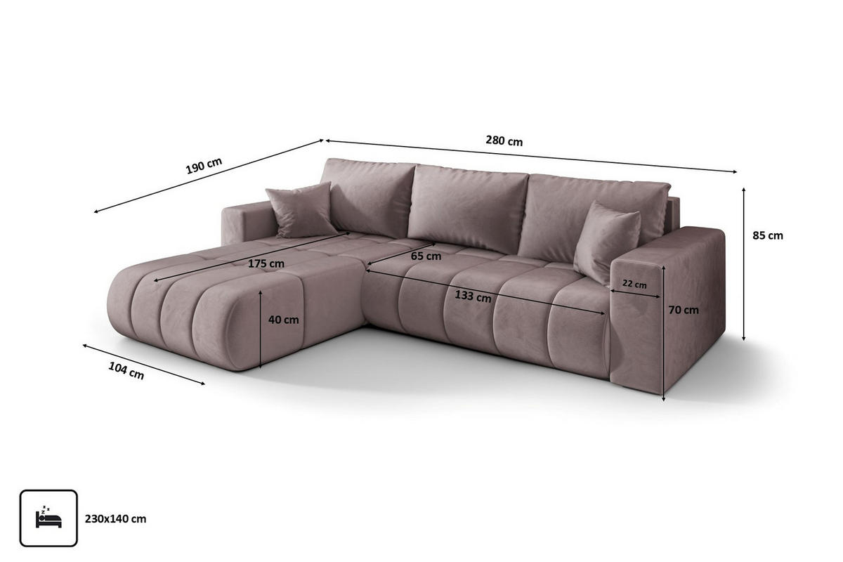 ECKSOFA mit schlaffunktion und bettkasten MILO PREMIUM, stoff MONOLITH, Lila, Links - Violett, Holz (280/190cm) - Kaiser Möbel