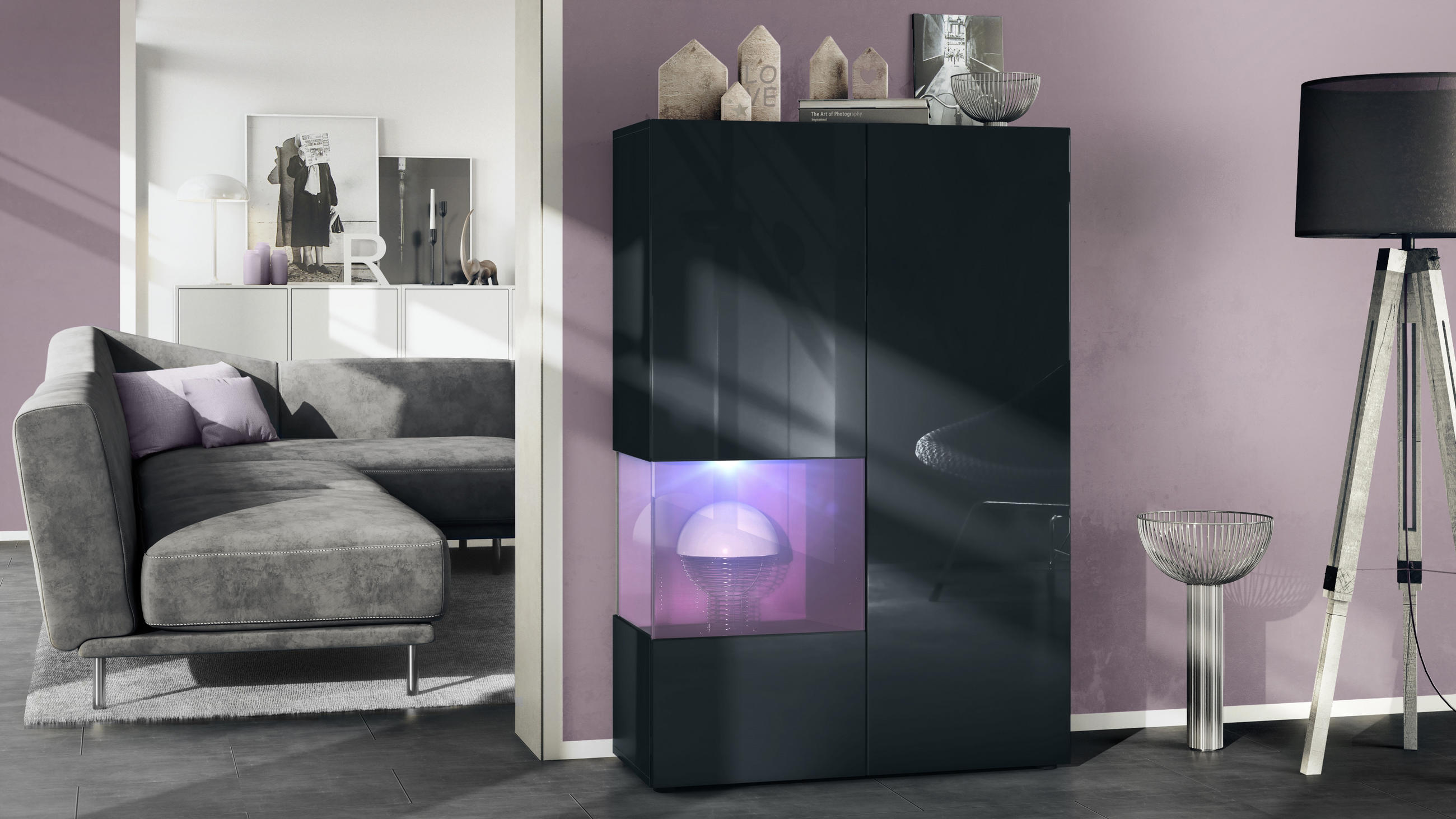 VITRINE Morena Einsatz in Brombeer Hochglanz - Brombeere, Holzwerkstoff (91.5/136.5/37cm) - Vladon