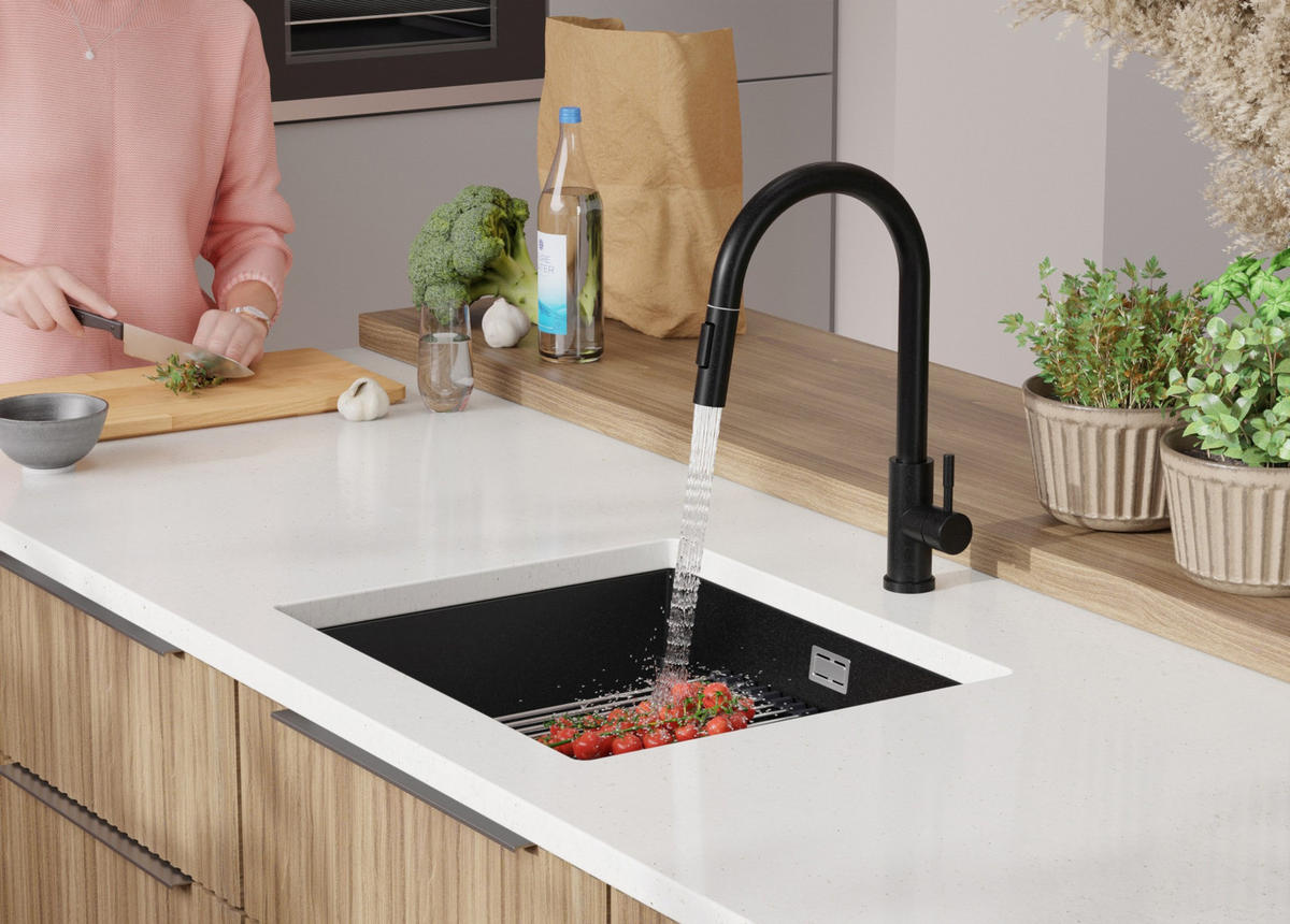UNTERBAUSPÜLE GRANIT Praga, 2-er set Schwarz 56/47 cm 1 Becken + Küchenarmatur 40/20 cm + Ablauf-Set + Aufrollbare Abtropffläche ab 60er Unterschrank - Schwarz, Kunststoff (56/20/47cm) - Primagran