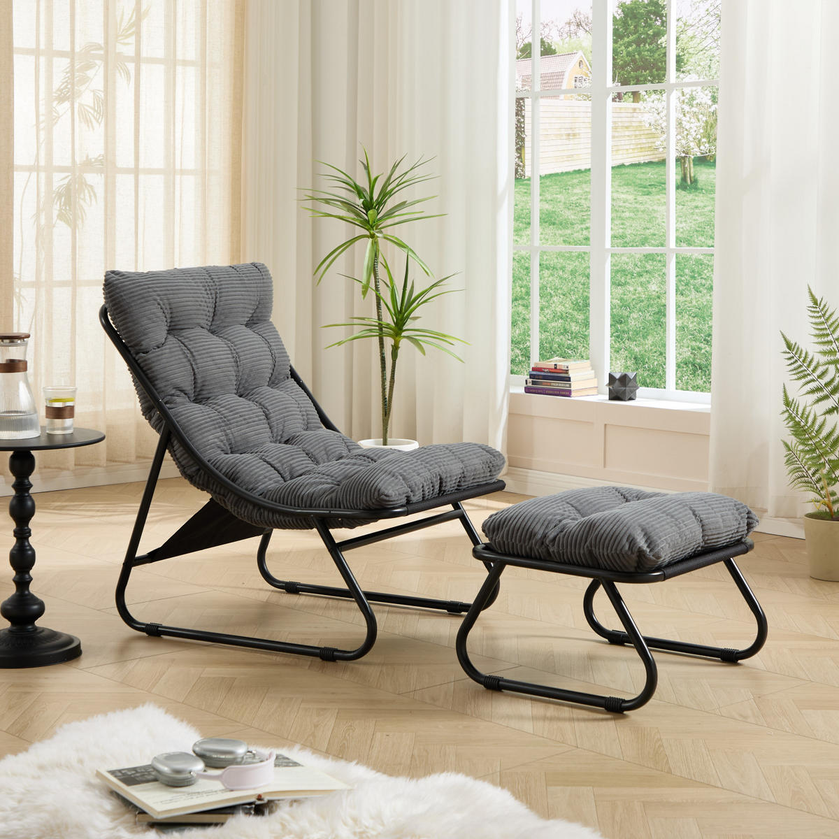 SCHAUKELSTUHL Grau mit Beinablage und Weichem Kissen und Hocker - Grau, Metall (65/86/78cm) - PARAFTA HOME