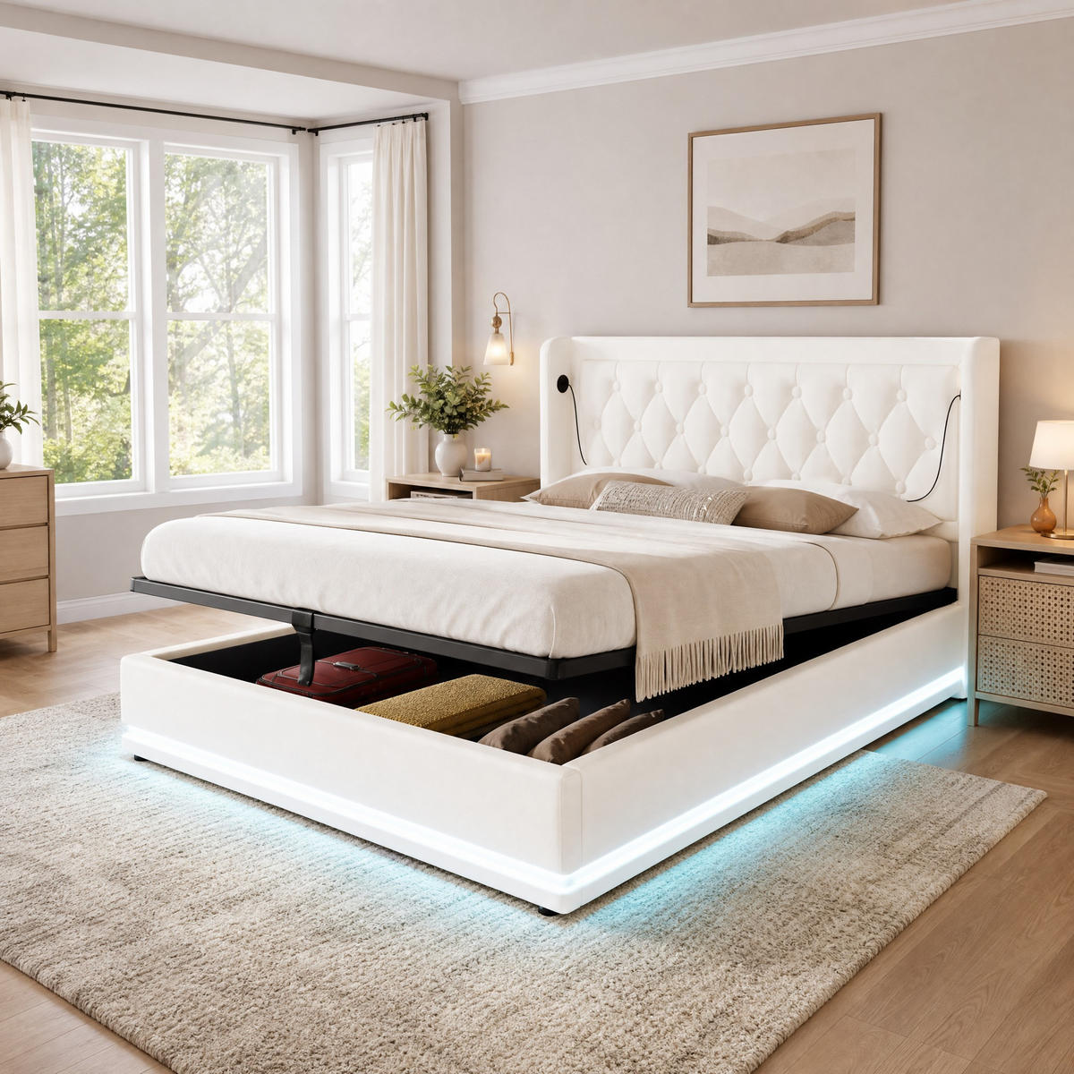 POLSTERBETT 180/200 mit Bettkasten, LED und USB in Weiß - Weiß, Holzwerkstoff/Textil (180/200cm) - EVRYAE