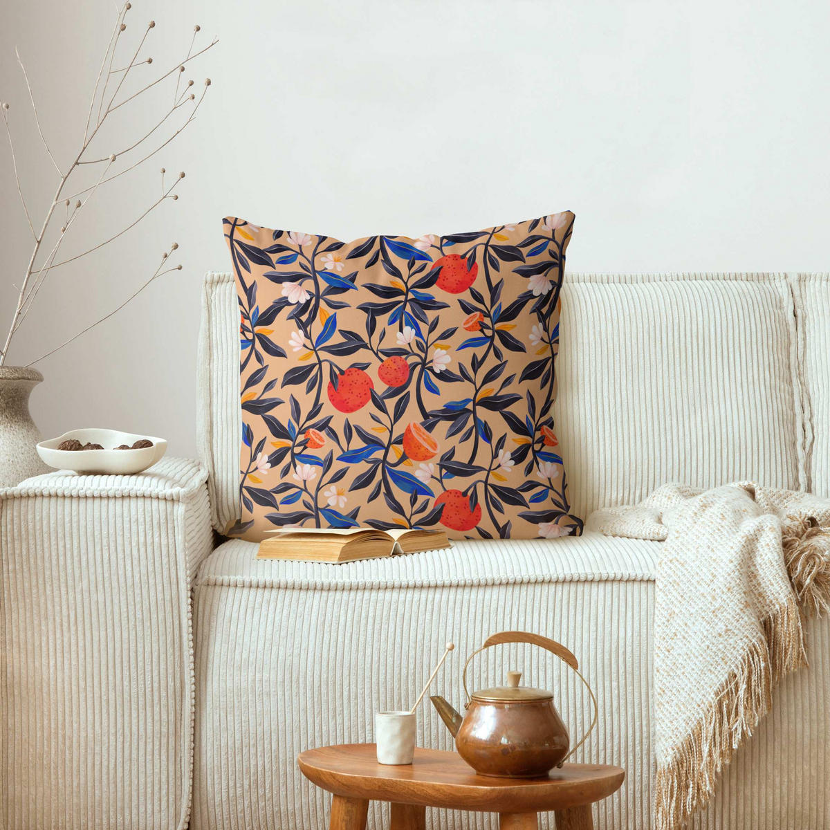 KISSENBEZUG Orangen mit Blätterranken 40/40 cm - Eichefarben, Textil (40/40cm) - Bilderwelten