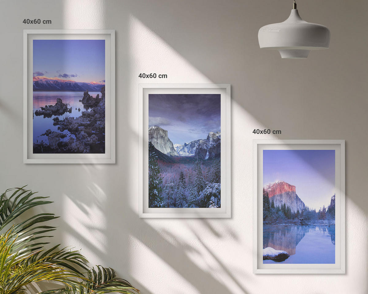 BILDER SET 3er Set - 40x60 cm Weißer Rahmen - Berglandschaften, Sonnenuntergang, Wasser - Weiß, Kunststoff (40/60cm) - TULUP