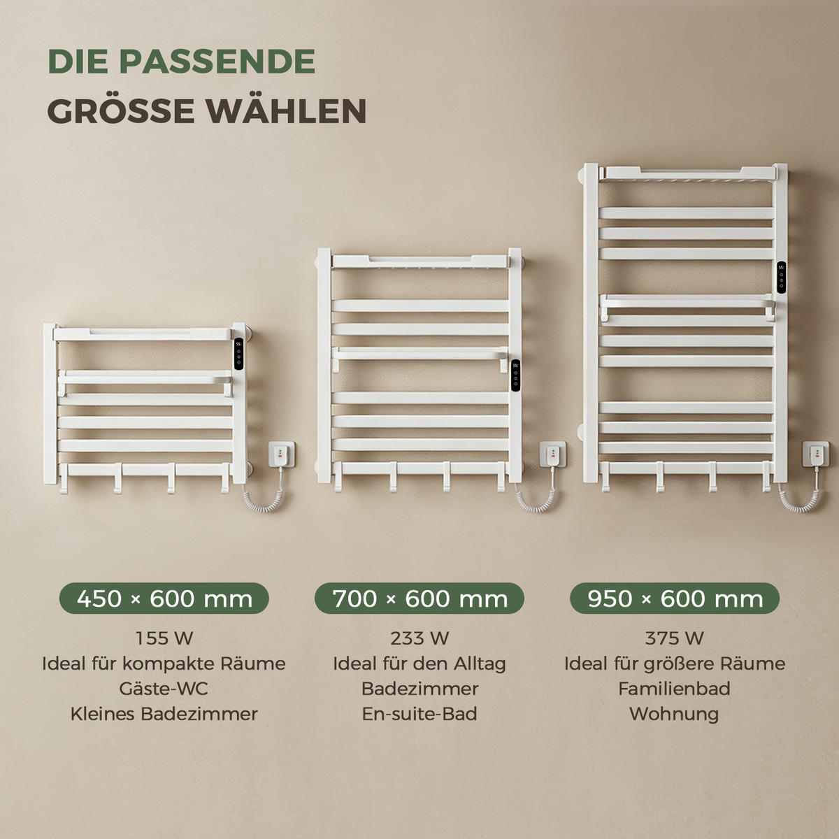 HANDTUCHHEIZKÖRPER 45/60 cm Weiß elektrisch 155 W mit WLAN, Ablage und 6 Haken - Weiß, Metall (60/45/20cm) - S'AFIELINA