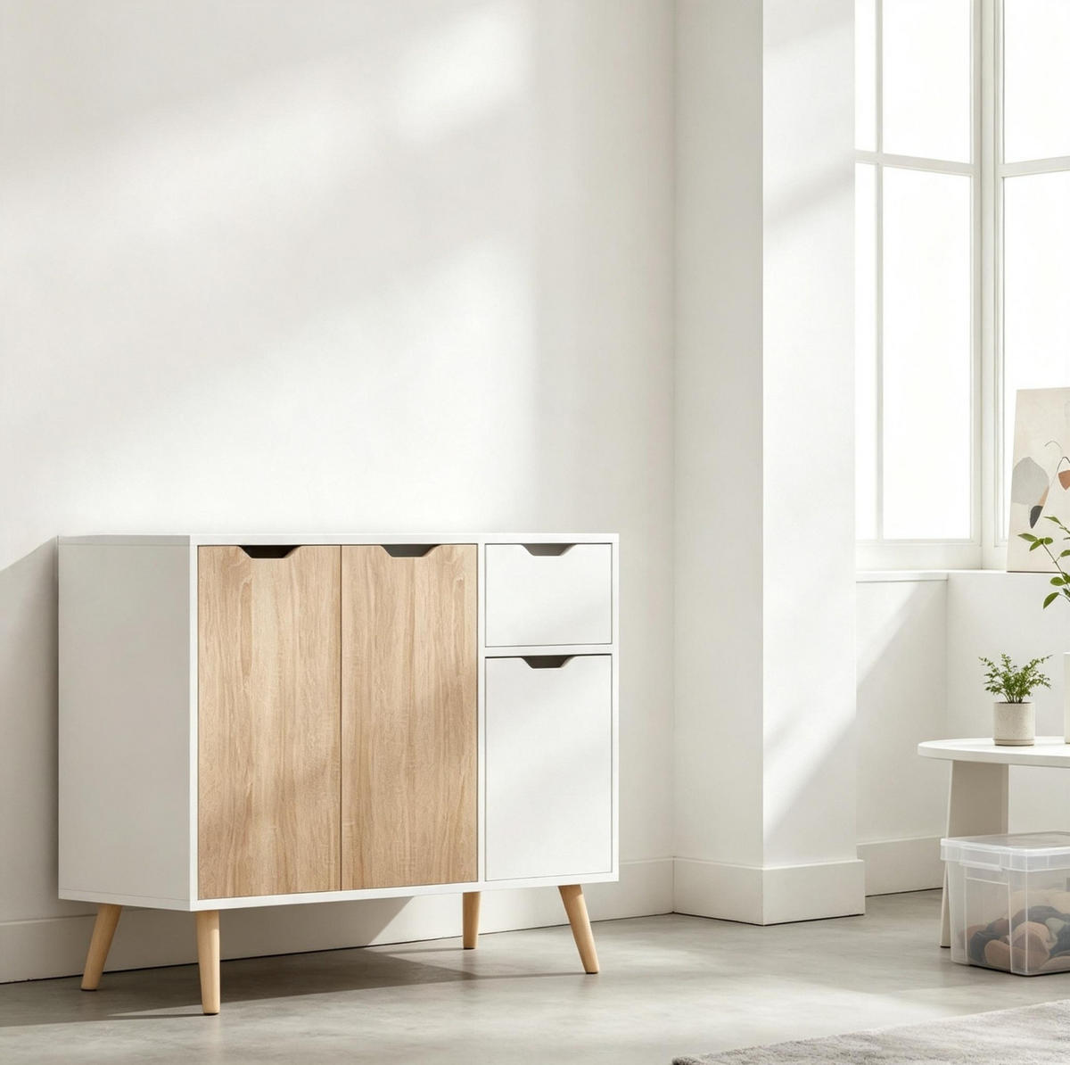 SIDEBOARD in Weiß und heller Eiche 90x30x72 cm mit 3 Türen und Schublade - Weiß, Holzwerkstoff (30/72/90cm) - IVMEU