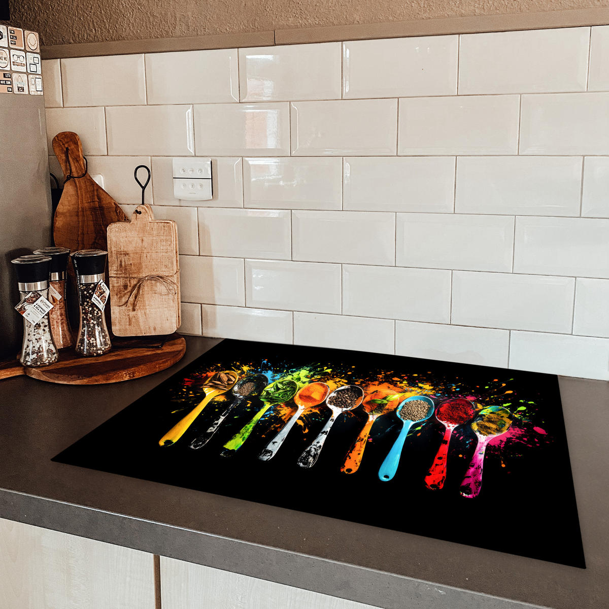 HERDABDECKPLATTE Löffel - Gewürze - Modern - Graffiti - Farbe - Farbenfroh 71x52 cm - Multicolor, Kunststoff (71/52/0.2cm) - MuchoWow