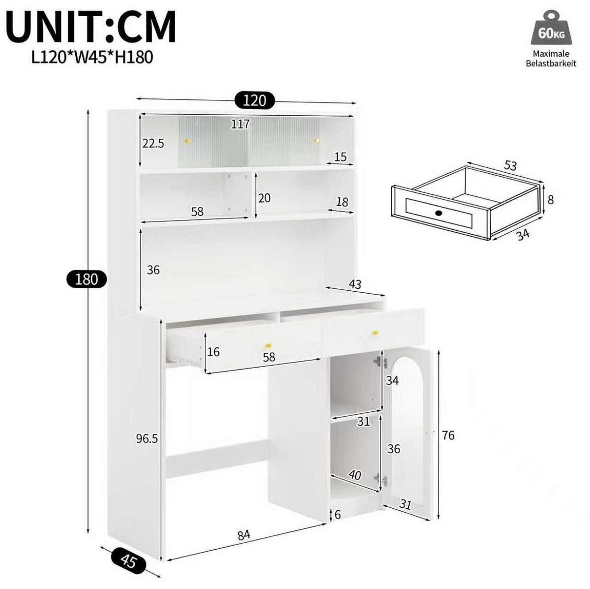 BUFFET 120/180/45 cm Weiß aus MDF mit Hakenleiste - Weiß, Holzwerkstoff (45/180/120cm) - OKMYHOME