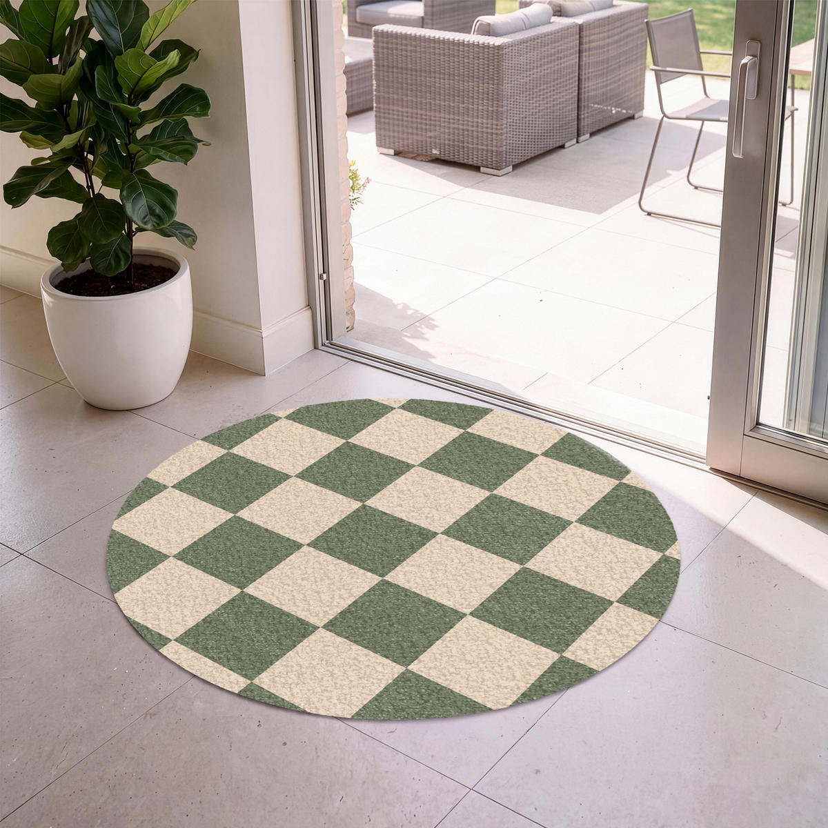 FUSSMATTE Schachbrettmuster - Grün - Beige - Blöcke Flurteppich 120x120 cm - Olivgrün, Kunststoff (120/120cm) - MuchoWow