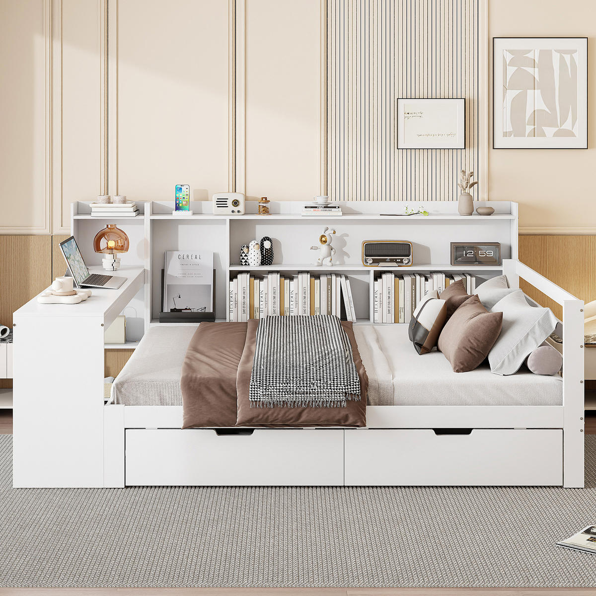 MULTIFUNKTIONSBETT 140/200 cm Weiß aus Massivholz mit Schreibtisch und Regalen - Weiß, Holz (140/200cm) - OKWISH