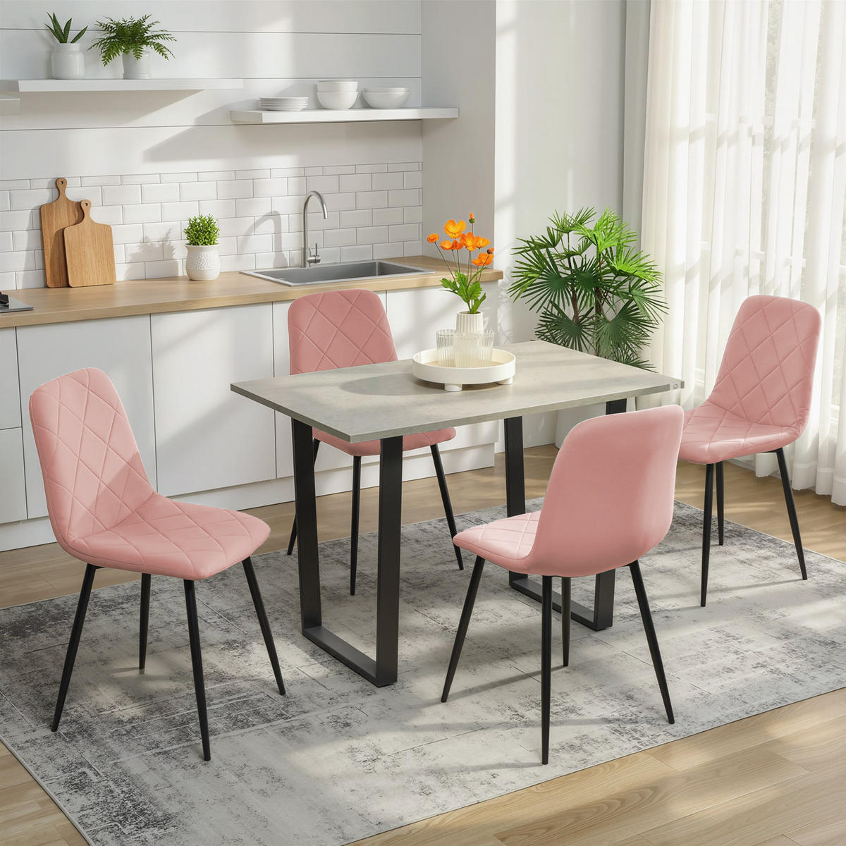 JÍDELNÍ ŽIDLE Sada 4 ks Kuchyňská židle s opěrkou, sametový vzhled, křeslo Růžová - růžová, plast (54/87/45cm) - HOMCOM