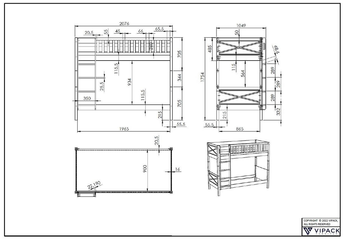 ETAGENBETT Karyl 208x175x105 aus Massivholz in Weiß - Weiß, Holz (90/200cm) - 58aufmkessel