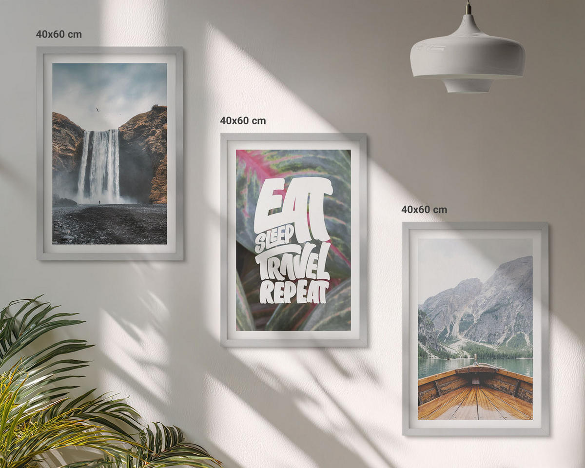 BILDER SET 3er Set - 40x60 cm Silberner Rahmen - Wasserfall Berge Natur Boot - Silberfarben, Kunststoff (40/60cm) - TULUP