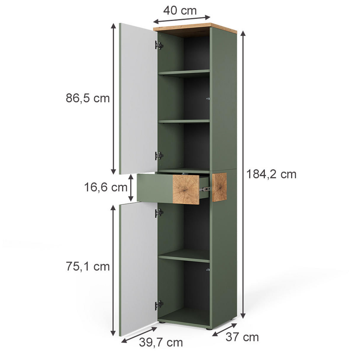 HOCHSCHRANK Eden Grün/Artisan 40 x 184.2 cm mit 2 Türen & 1 Schublade - Hellgrau/Grün, Holzwerkstoff (40/184.2/37cm) - Vicco
