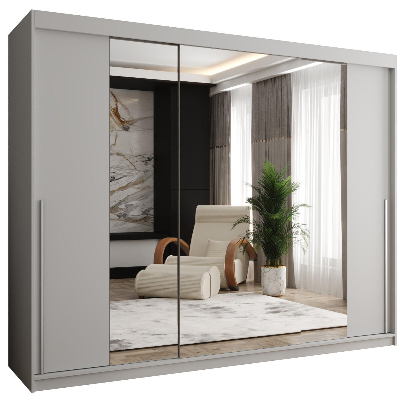 Home Collective SKŘÍŇ S POSUVNÝMI DVEŘMI se zrcadlem, šířka 250 cm, bílá se stříbrným úchytem