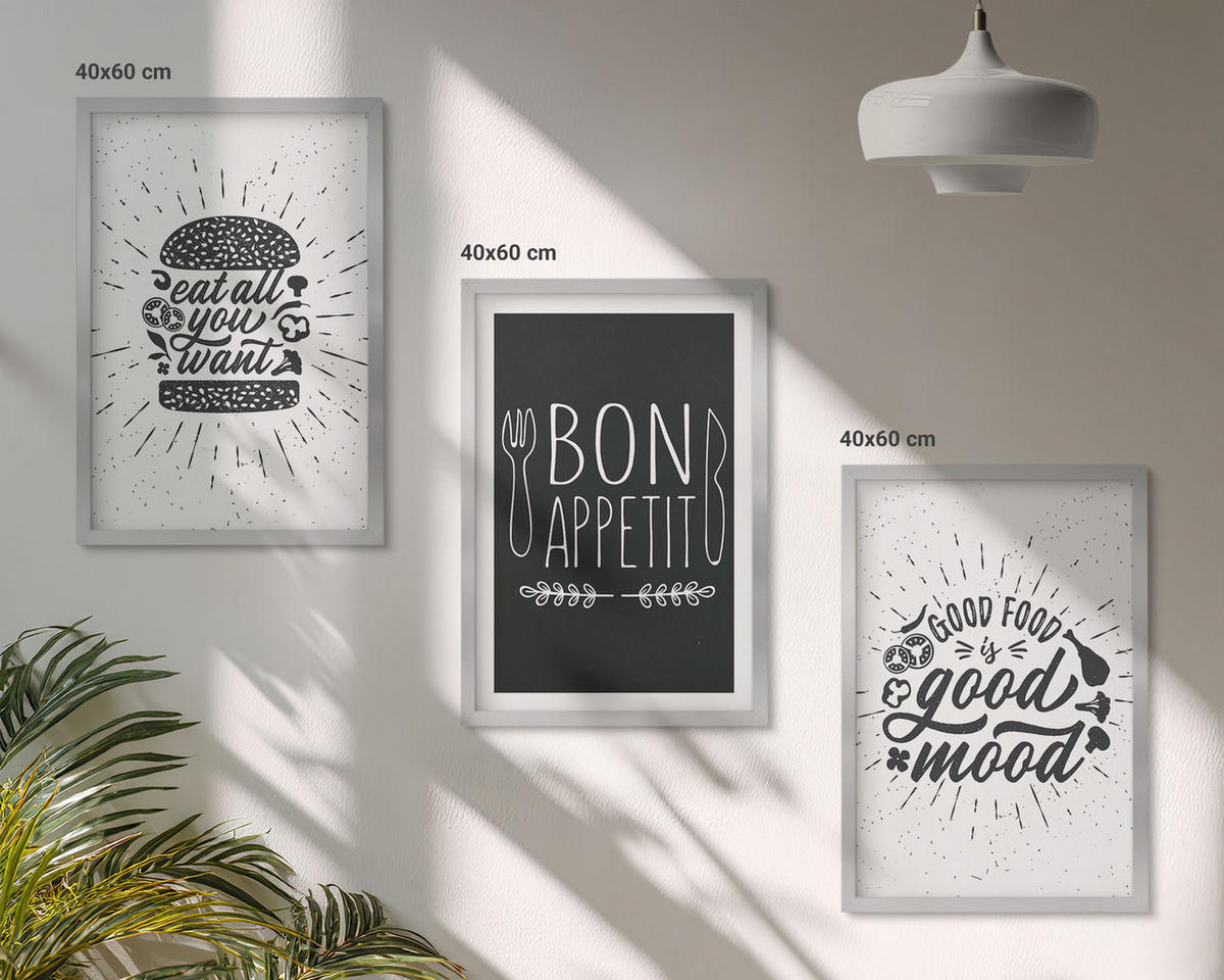 WANDBILDER 3er Set - 40x60 cm Silberner Rahmen - Grafiken, Lebensmittel, kulinarische Slogans - Silberfarben, Kunststoff (40/60cm) - ArtPrintCave