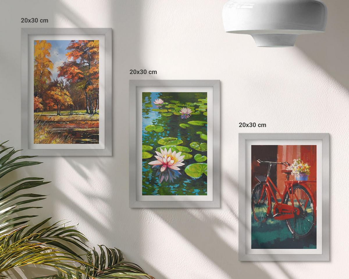 WANDBILDER 3er Set - 20x30 cm Silberner Rahmen - Herbstfarbene Lilienterrasse - Silberfarben, Kunststoff (20/30cm) - ArtPrintCave