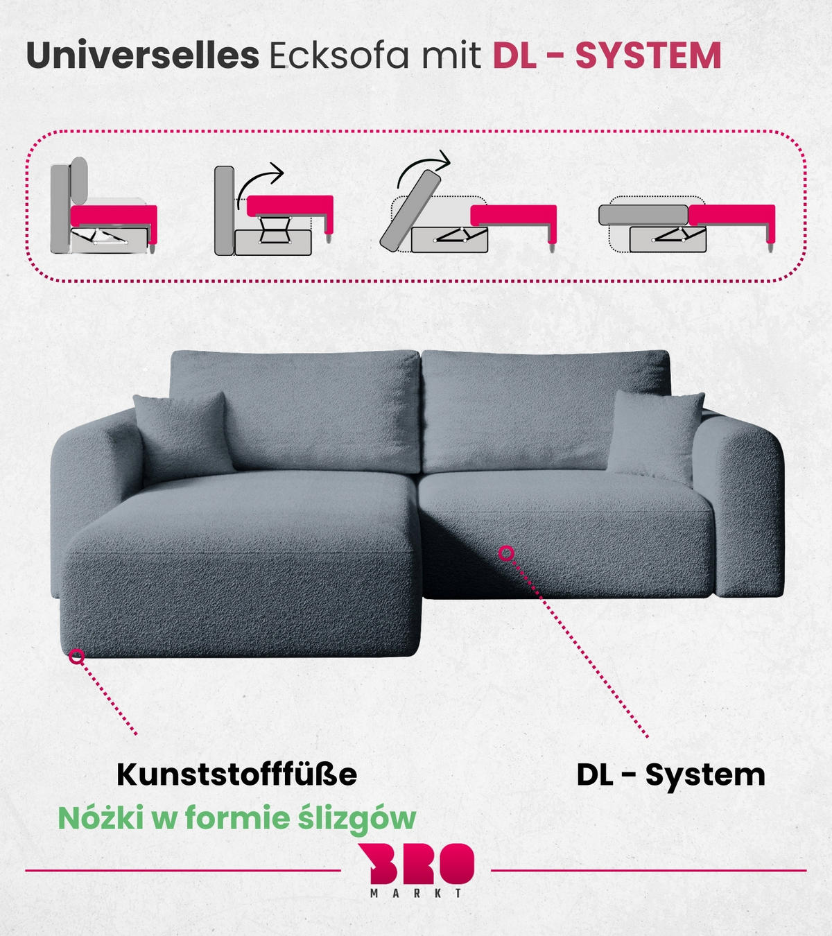 ECKSOFA Kornel mit Schlaffunktion Grau Boucle - Grau, Textil (248/165cm) - Bromarkt
