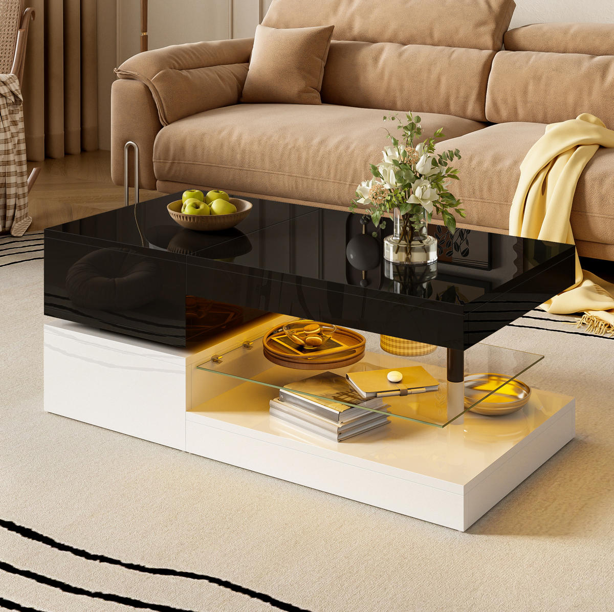 COUCHTISCH 90/45/35,5 cm mit LED-Beleuchtung, APP- & Bluetooth-Steuerung, Glasablage und Hochglanzoberfläche, Schwarz/Weiß - Schwarz, Holzwerkstoff (90/45/35.5cm) - Redom