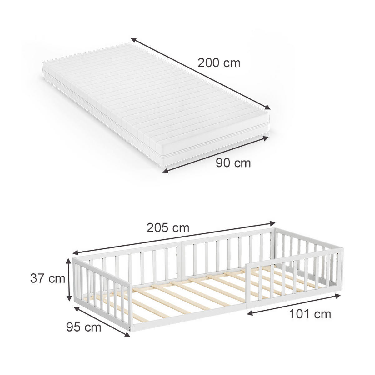 BODENBETT AUS METALL Minno Weiß 90x200 mit Matratze - Weiß, Metall - VitaliSpa