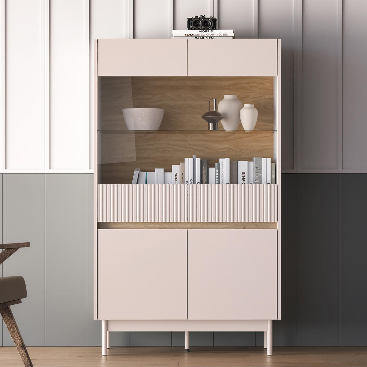 VITRINENSCHRÄNK NALIA, Vitrine, Creme/Eiche - Eichefarben/Creme, Glas/Holzwerkstoff (92/156/40cm) - KONSIMO®