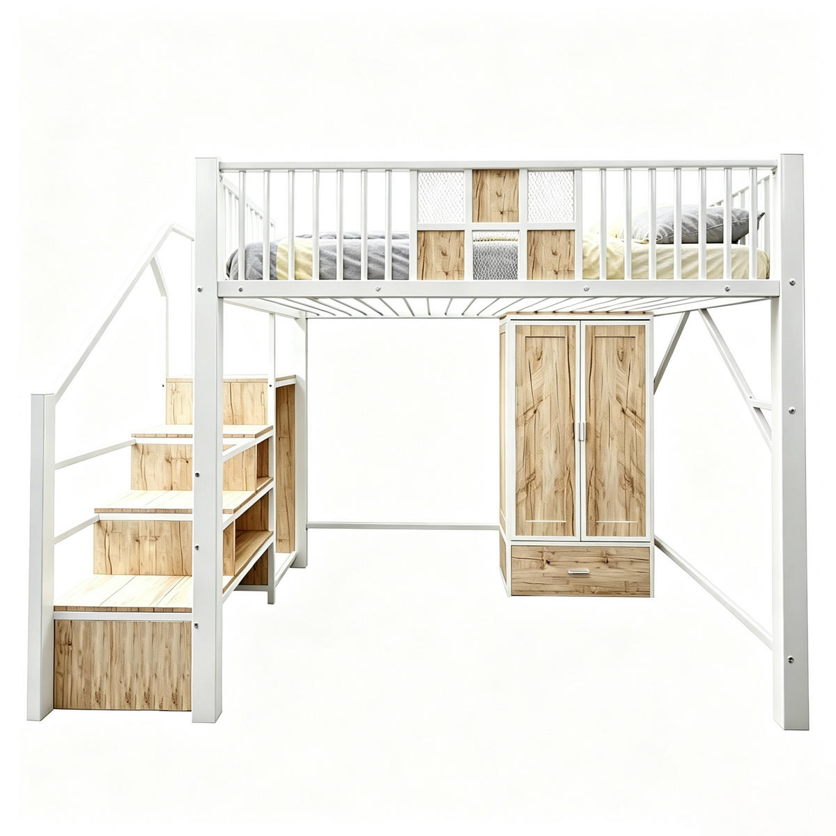 HOCHBETT 140/200 cm in Weiß mit Kleiderschrank, Schublade und Aufbewahrungsleiter aus Metall und Holz - Weiß/Naturfarben, Holzwerkstoff/Metall (140/200cm) - CHICFURN
