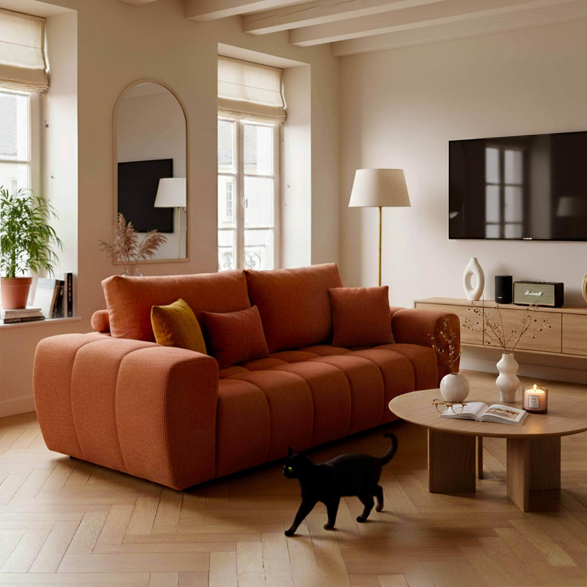 SOFA 3-Sitzer, Terrakotta - Rot, Textil (100/90/238cm) - Oviala