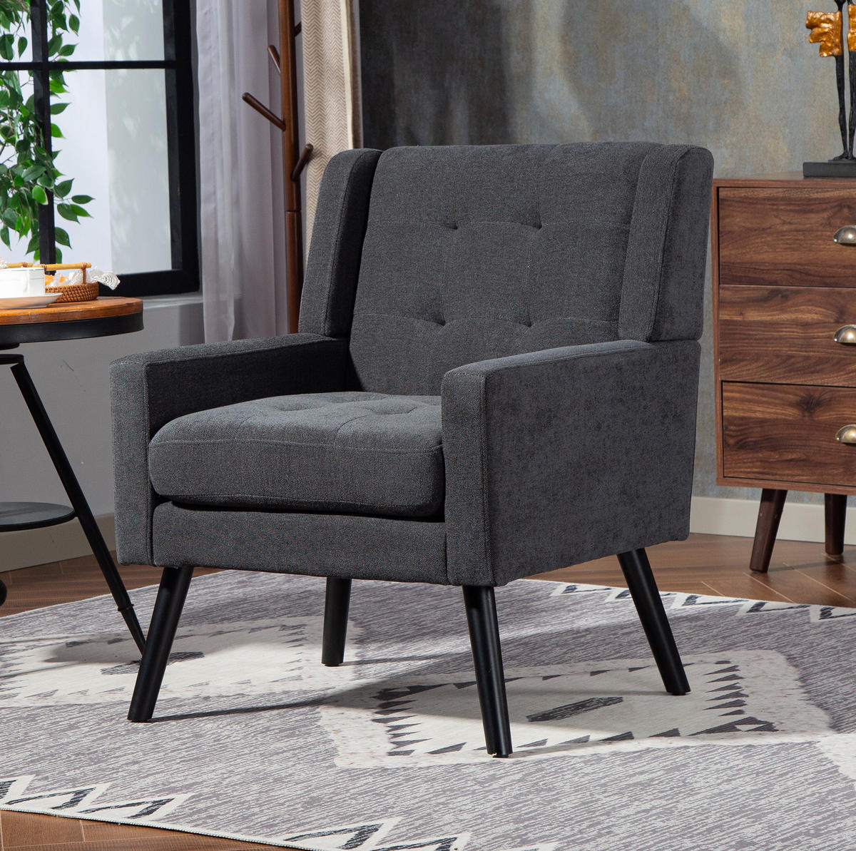 SESSEL 76/68/88 cm dunkelgrau aus Stoff mit Tufting und Massivholzbeinen - Dunkelgrau, Textil (76/88/68cm) - OKWISH