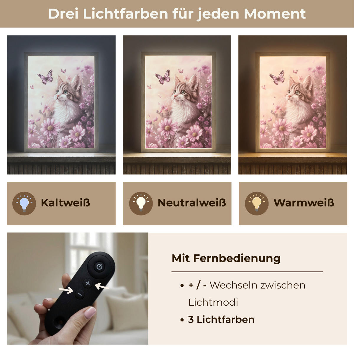 NACHTTISCHLAMPE MIT AKKU Kätzchen - Blumen - Schmetterlinge - Lila 30x40 cm - Altrosa, Holzwerkstoff (8/30/40cm) - OnlyWow