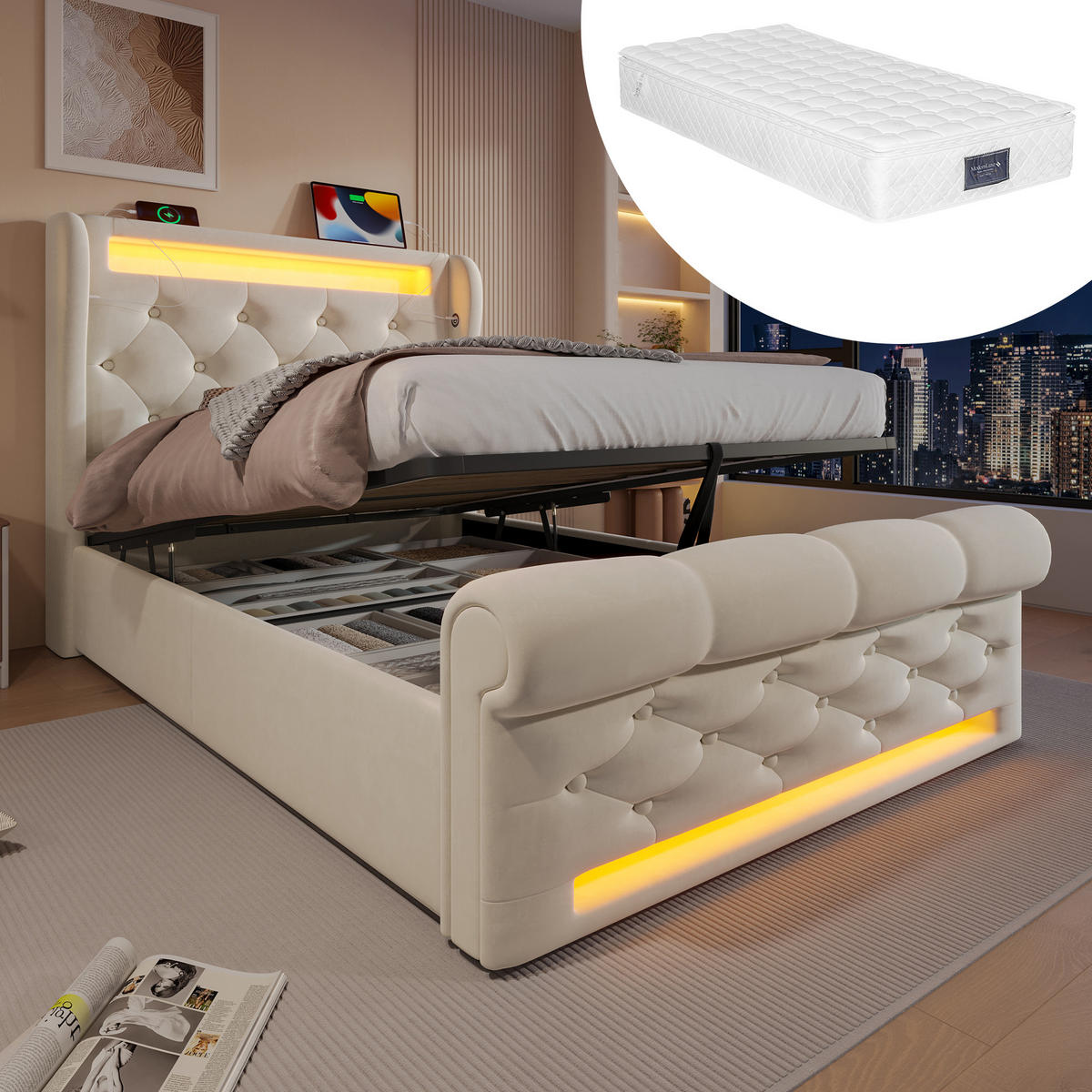 POLSTERBETT 90x200cm Einzelbett LED USB-C & Hydraulik Stauraum Beige Samt - Beige, Holz (90/200cm) - FLIEKS