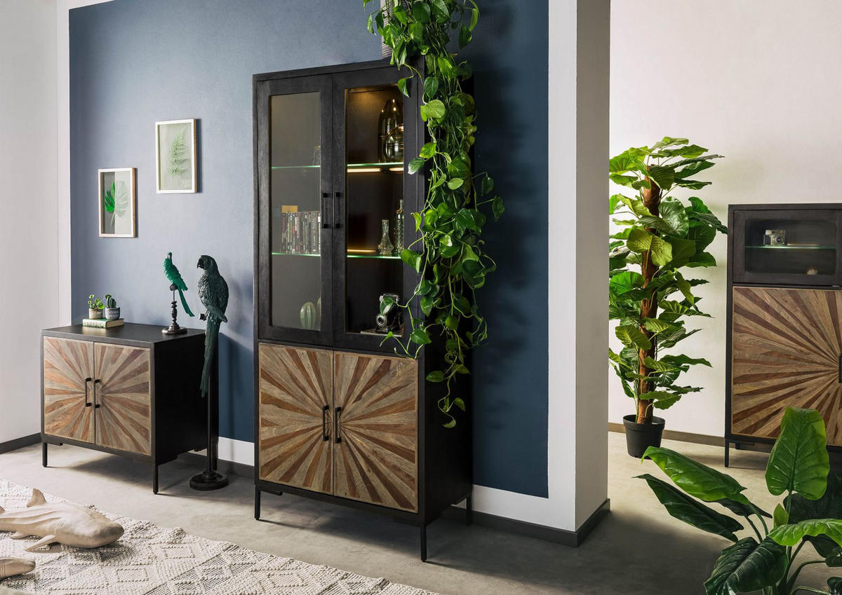 VITRINE Sheesham 90x45x200 schwarz lackiert SUN #102 - Schwarz, Holz (90/200/45cm) - Massivmoebel24