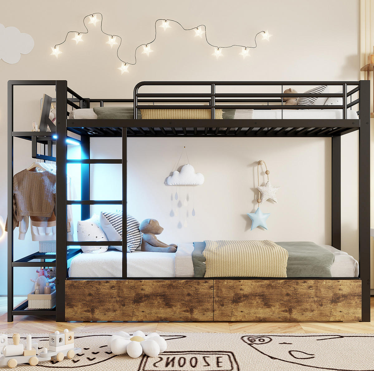 ETAGENBETT 90/200 cm aus Metall mit LED-Beleuchtung und 2 Schubladen - Schwarz, Metall - BEAOK