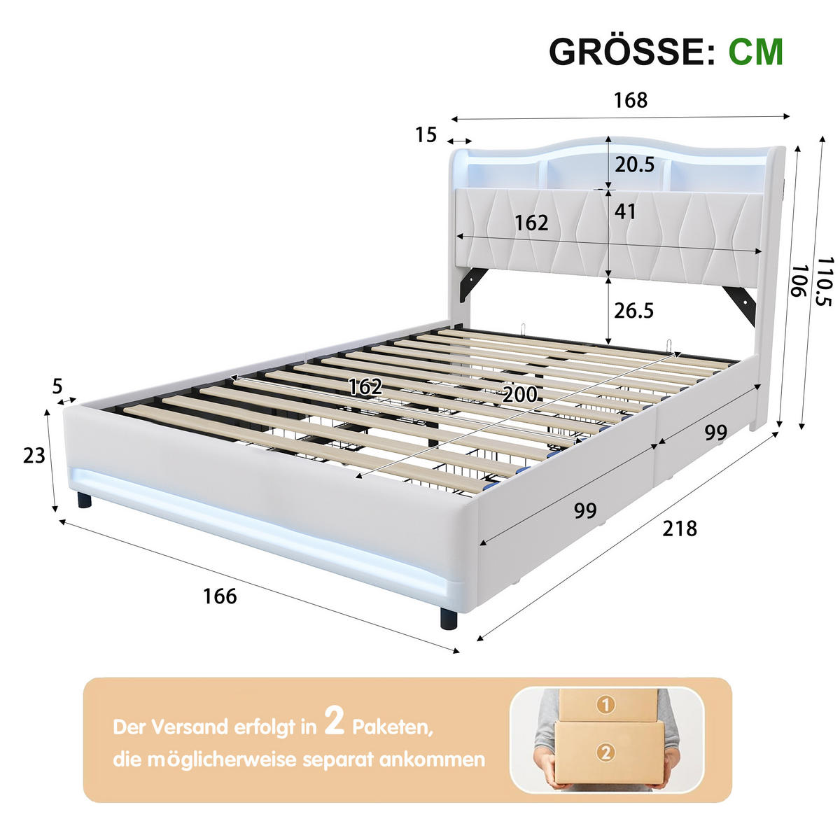 POLSTERBETT 160x200 cm Beige mit LED, USB-C, 4 Schubladen - Beige, Holz (160/200cm)