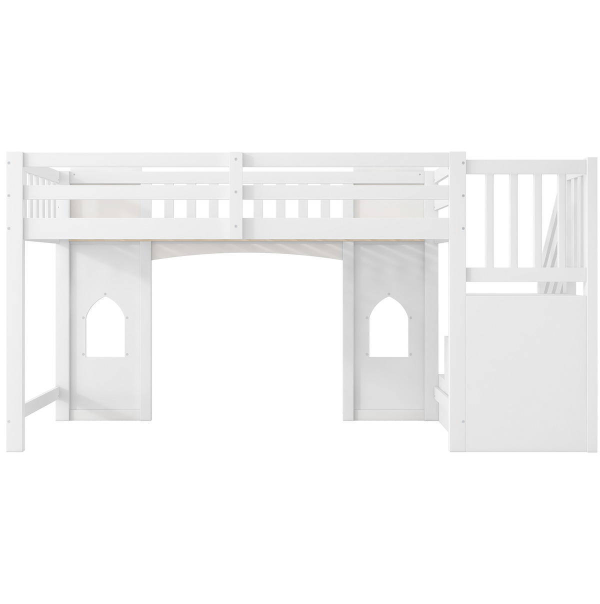 HOCHBETT 90/200 cm mit Stauraumtreppe, Fenstern und Rundum-Schutz, Weiß - Weiß, Holzwerkstoff (90/200cm) - Redom