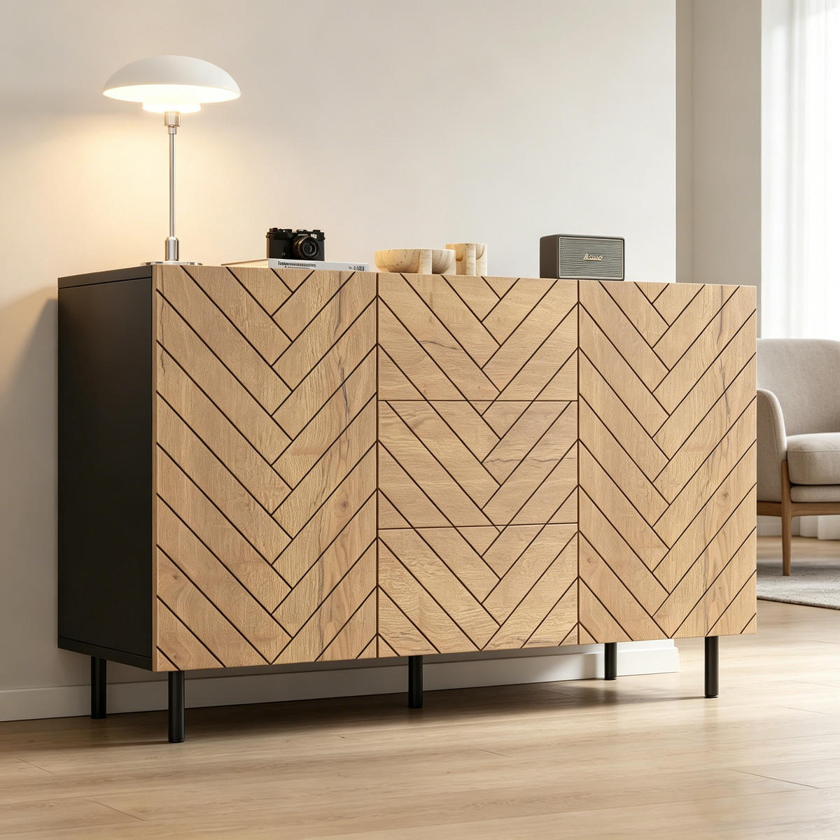 SIDEBOARD Úložná skříňka se 3 zásuvkami, 2 dvířky, vzhled dřeva, kovový rám, 120/40/76 cm, dřevotříska - přírodní, kompozitní dřevo (120/76/40cm) - EVRYAE